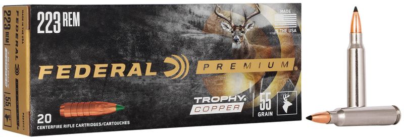 Trophy Copper, 223 Rem, 55 Grain, Trophy Copper, 3240 fps 223 Rem Caliber Ammo - 20 Rounds of 55 Grain Weight Ammunition (P223TC1)